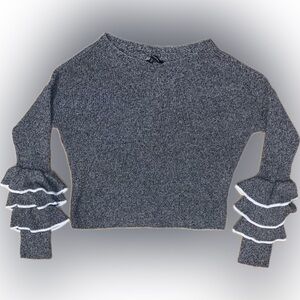 Express Ruffle Bell Sleeve Cropped Drop Shoulder Knit Sweater Top Medium Gray
